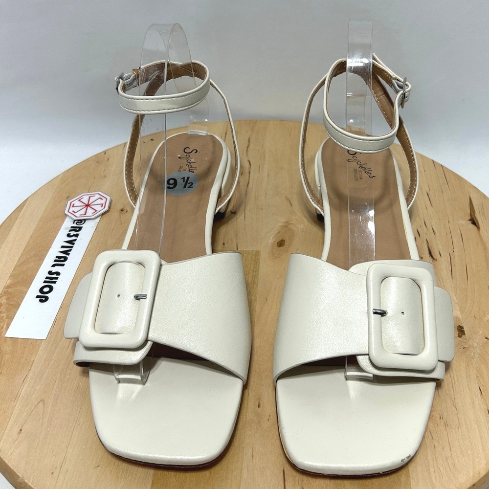 Seychelles Buckles Ivory Square Toe Block Heel Womens Sandals - Size 9.5M - Picture 3 of 10